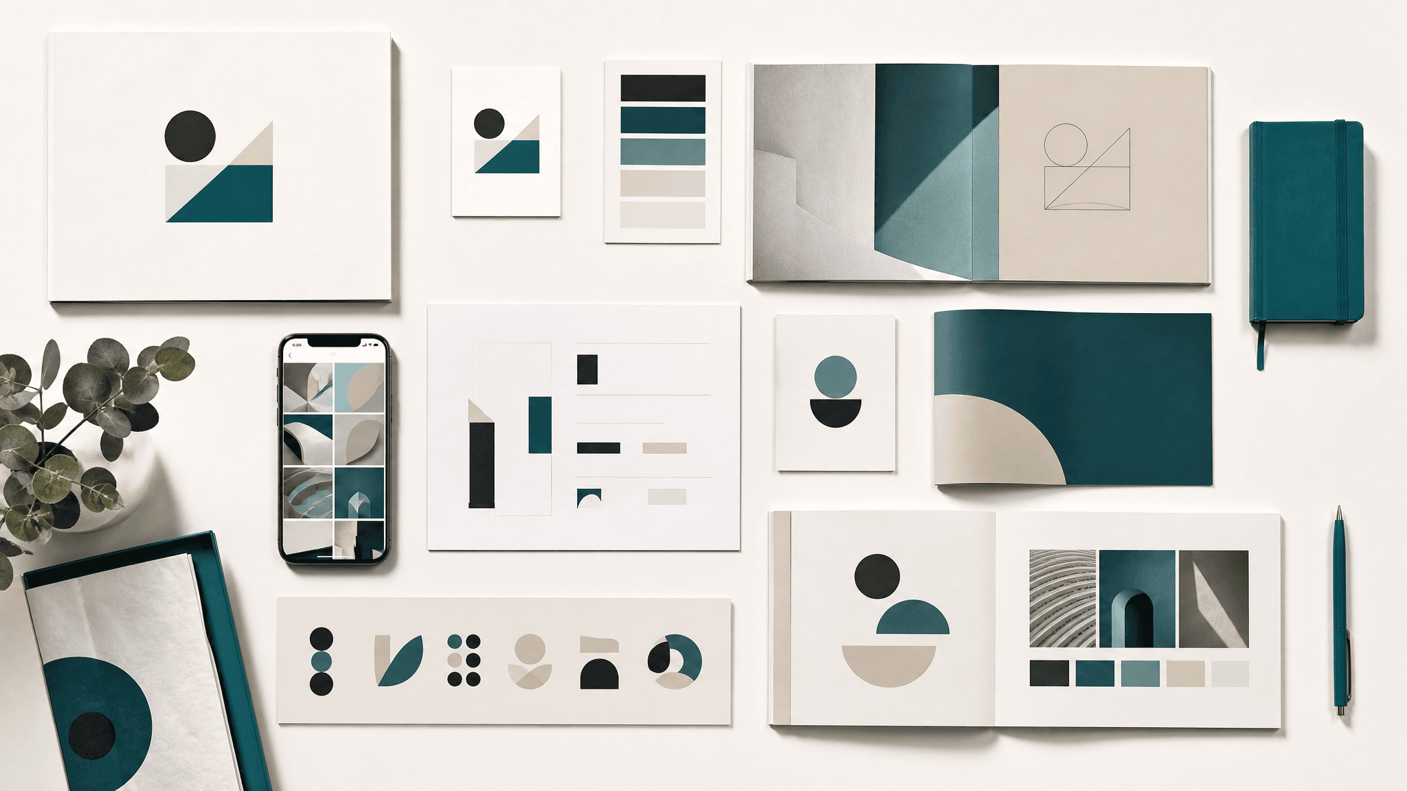 A complete brand launch kit laid out: logo cards, colour swatches, type specimens and social tiles